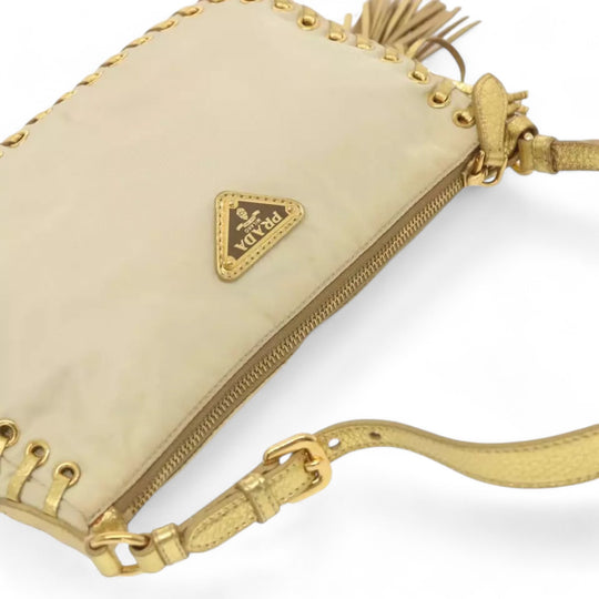 Prada Accessory Pouch Nylon Cream Gold Tassel Shoulder Bag Women Handbag