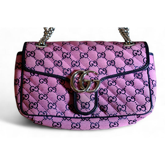 Gucci GG Marmont Canvas Leather Pink Shoulder Bag Chain Strap Women's Handbag Purse