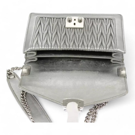 Miu Miu Matelasse Chain Shoulder Bag Leather Silver Women Handbag Purse