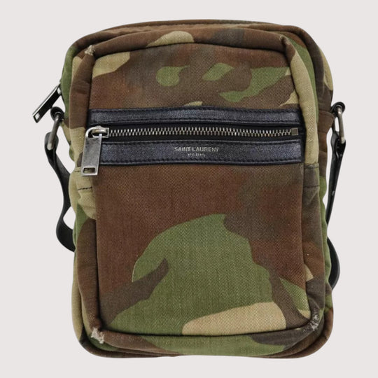 Saint Laurent Camouflage Shoulder Bag Canvas Khaki Silver Men's Crossbody Vintage