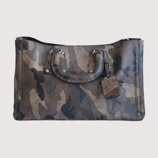 Prada Leather Tote Duffle Camo Bag Brown Camouflage Women's Handbag with Strap and Dust Bag