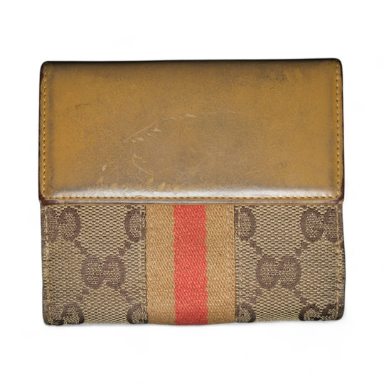 Gucci Jackie GG Canvas Compact Wallet Brown Red Stripe Unisex Leather Bifold Classic