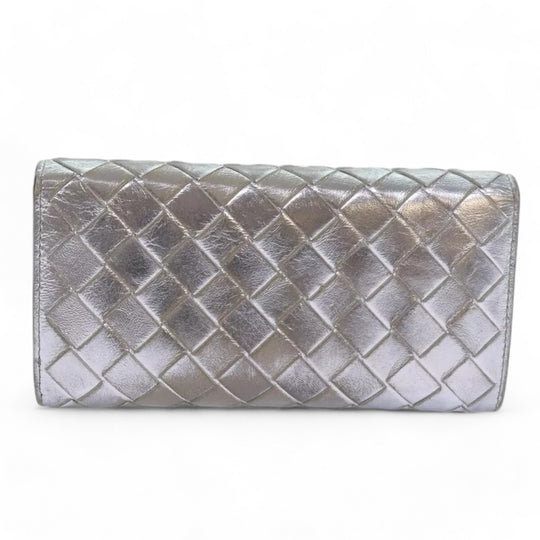 Bottega Veneta Intrecciato Leather Long Wallet Silver Tone Unisex