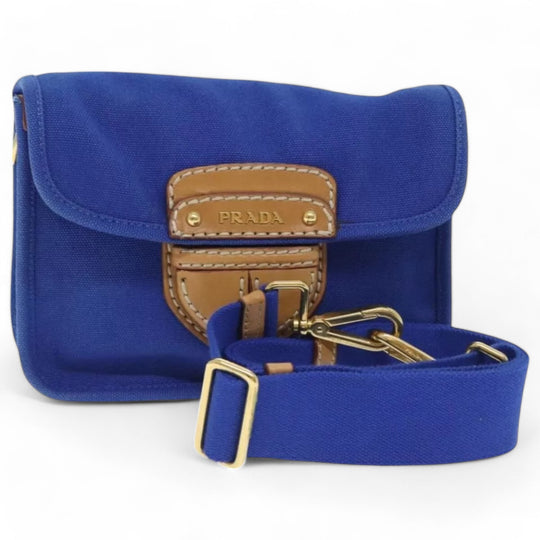 Prada Vintage Shoulder Crossbody Bag Canvas Blue Gold Women Made in Italy