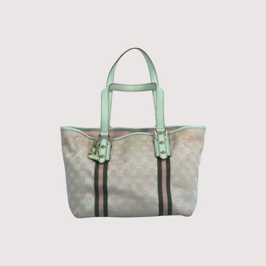 Gucci Tote Bag Pink Green Monogram Canvas Leather Women's Handbag with Charms