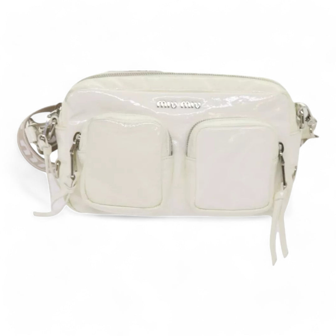 Miu Miu Shoulder Bag Enamel White Women Crossbody Purse with Strap and Pouch