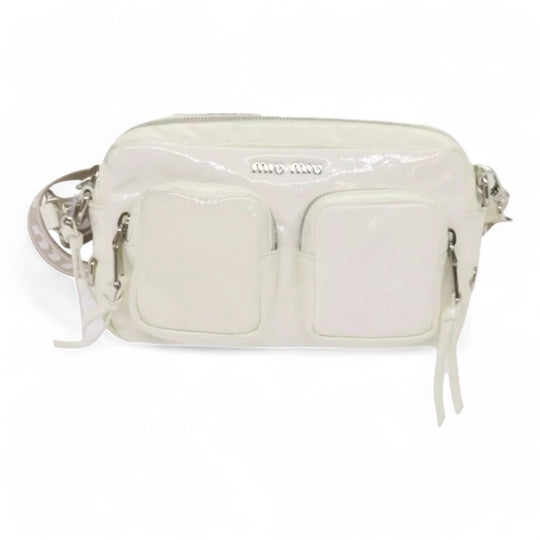 Miu Miu Shoulder Bag Enamel White Women Crossbody Purse with Strap and Pouch