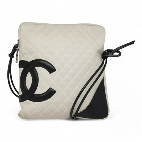 CHANEL Cambon Line Matelasse Shoulder Bag Leather White Black Silver CC