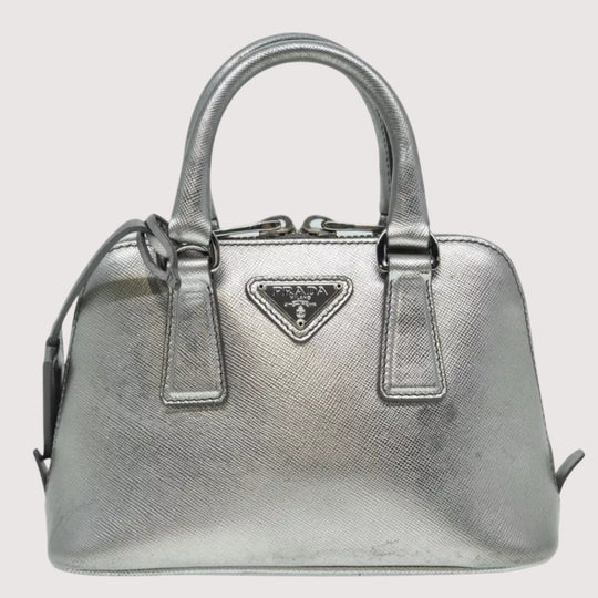 Prada Handbag Saffiano Leather 2way Silver Women's Bag with Strap and Dust Bag