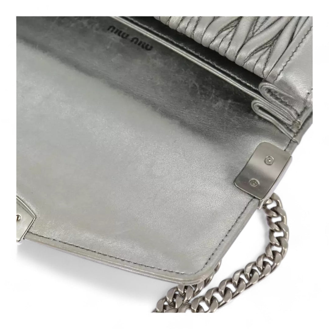 Miu Miu Matelasse Chain Shoulder Bag Leather Silver Women Handbag Purse