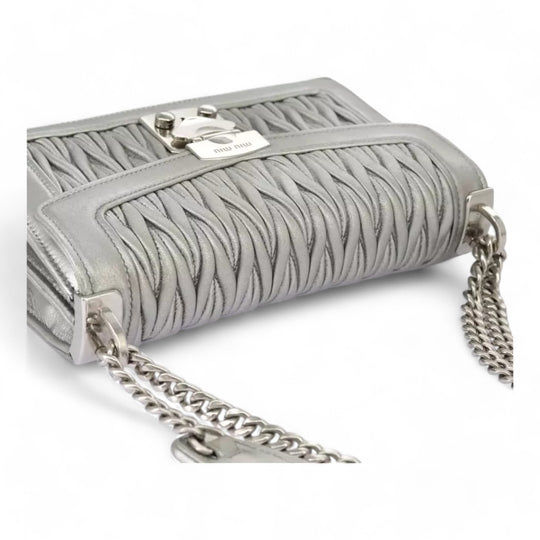 Miu Miu Matelasse Chain Shoulder Bag Leather Silver Women Handbag Purse