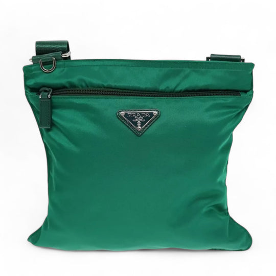 Prada Shoulder Bag Nylon Green Silver Unisex Adjustable Strap Made in Italy