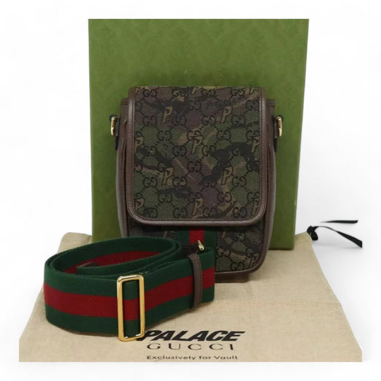 Gucci Palace Shoulder Bag Camouflage GG Canvas Web Sherry Line Unisex Green Brown Gold Hardware Crossbody Bag