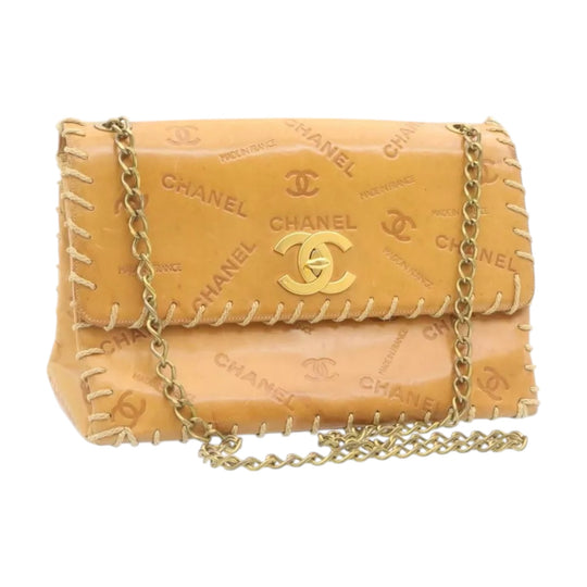 Chanel Raffia Chain Flap Shoulder Bag Beige Leather