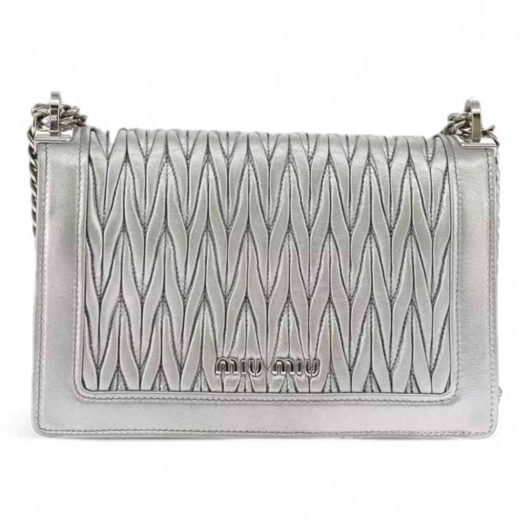 Miu Miu Matelasse Chain Shoulder Bag Leather Silver Women Handbag Purse