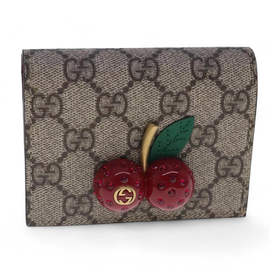 GUCCI GG Supreme Cherry Wallet PVC Leather Beige Red Women's