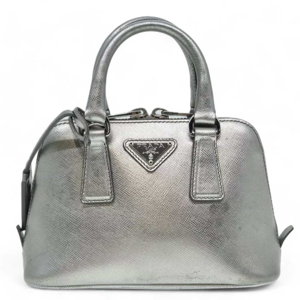 Prada Handbag Saffiano Leather 2way Silver Women's Bag with Strap and Dust Bag