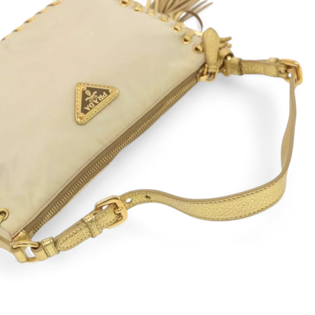 Prada Accessory Pouch Nylon Cream Gold Tassel Shoulder Bag Women Handbag