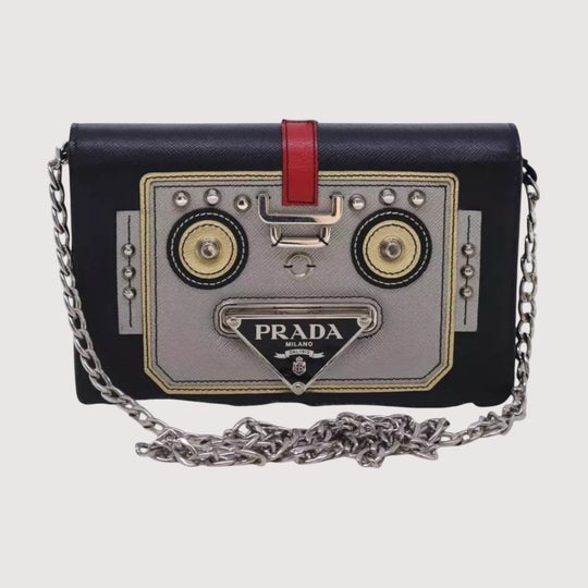 Prada Chain Shoulder Bag Saffiano Leather Black Silver Women