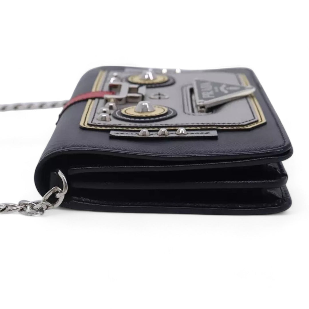 Prada Chain Shoulder Bag Saffiano Leather Black Silver Women