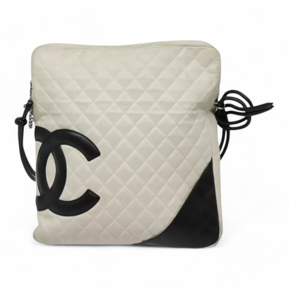 CHANEL Cambon Line Matelasse Shoulder Bag Leather White Black Silver CC