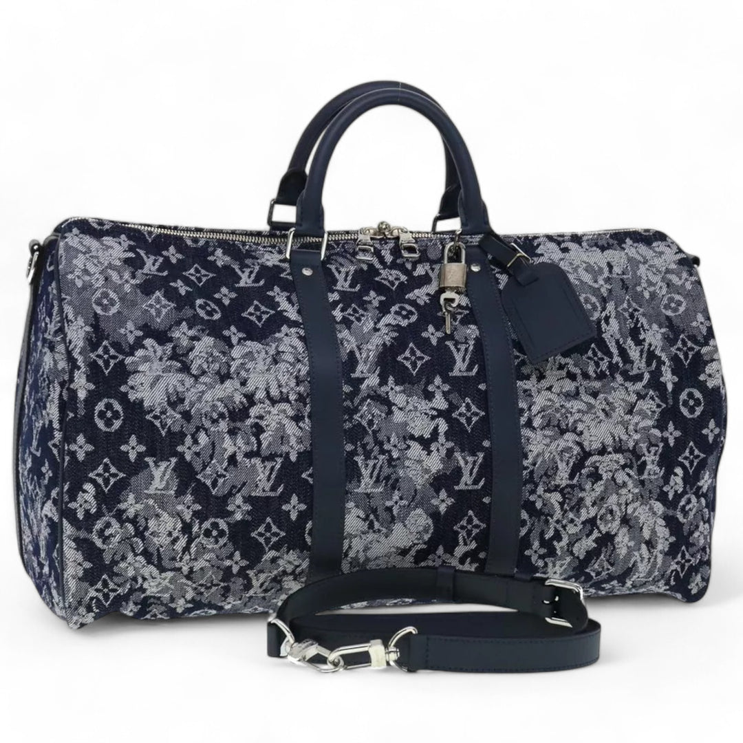 Louis Vuitton Monogram Tapestry Keepall Bandouliere 50 Boston Bag Blue Denim Unisex Travel Handbag