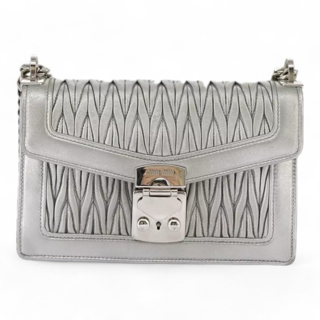 Miu Miu Matelasse Chain Shoulder Bag Leather Silver Women Handbag Purse