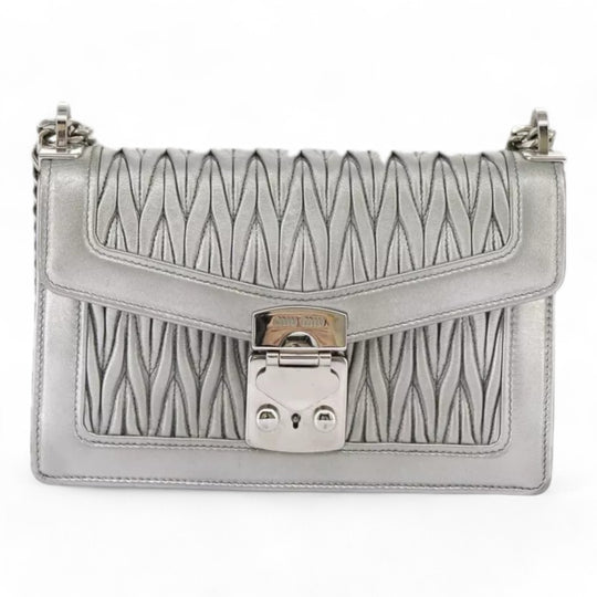 Miu Miu Matelasse Chain Shoulder Bag Leather Silver Women Handbag Purse