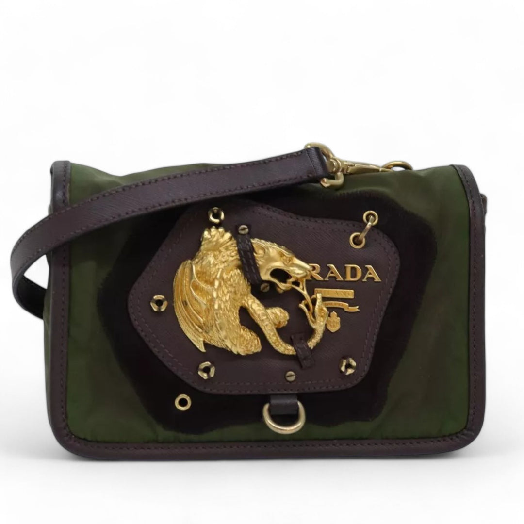 Prada Vintage Women's Shoulder Crossbody Bag Nylon Khaki Gold Lion Emblem