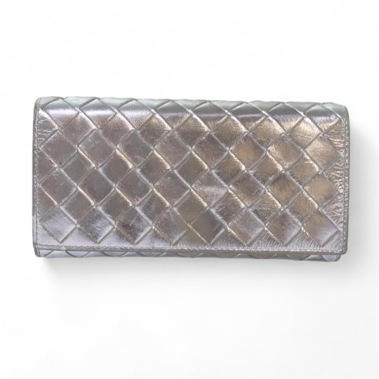 Bottega Veneta Intrecciato Leather Long Wallet Silver Tone Unisex