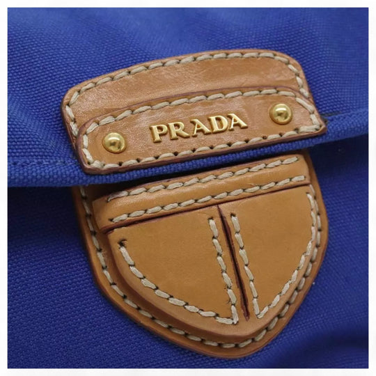 Prada Vintage Shoulder Crossbody Bag Canvas Blue Gold Women Made in Italy