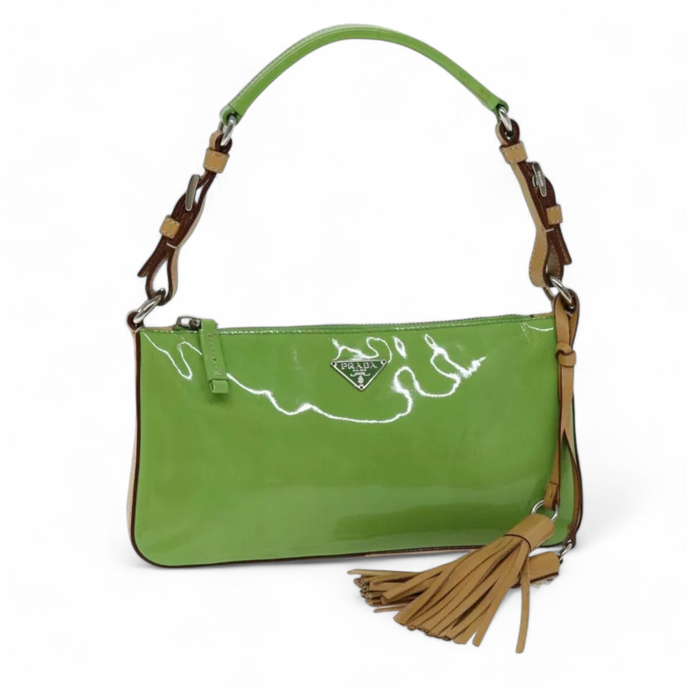 Prada Vernice Calf CH Green Enamel Shoulder Pouch Bag Women Made in Italy