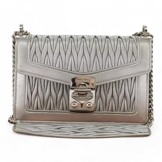 Miu Miu Matelasse Chain Shoulder Bag Leather Silver Women Handbag Purse