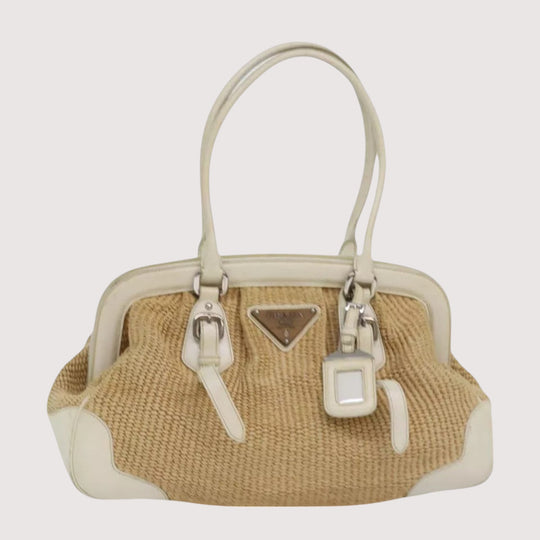 Prada Beige Straw Leather Women's Handbag with Tag and Card