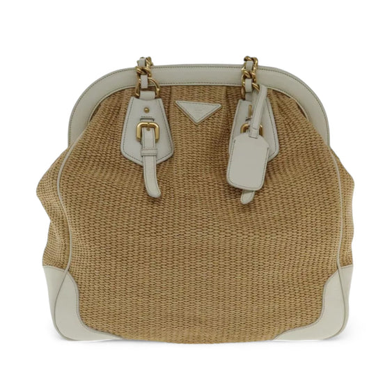 Prada Chain Shoulder Bag Straw Leather Beige Gold Women's