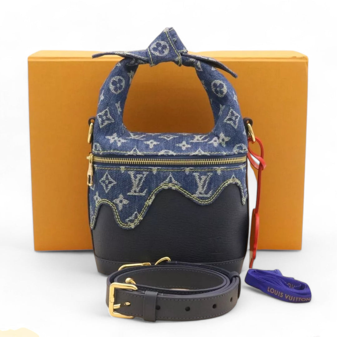 Louis Vuitton Monogram Denim Drip Japanese Cruiser Women's Shoulder Bag Blue with Strap and Box