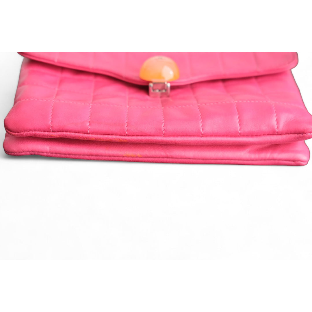 Chanel Quilted Leather Pink Purse with Orange Accent Ladies Handbag with Beaded Chain Strap Vintage Style