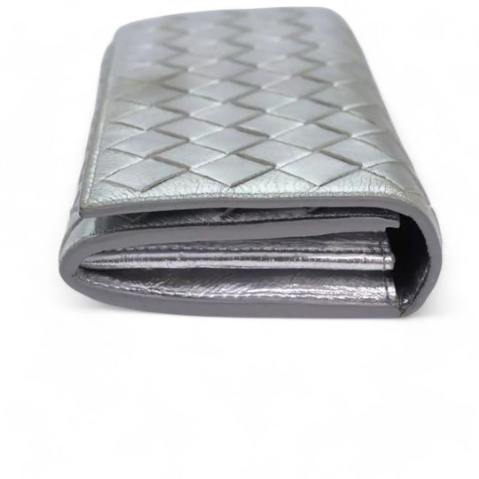 Bottega Veneta Intrecciato Leather Long Wallet Silver Tone Unisex