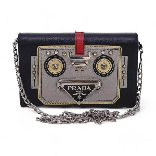 Prada Chain Shoulder Bag Saffiano Leather Black Silver Women