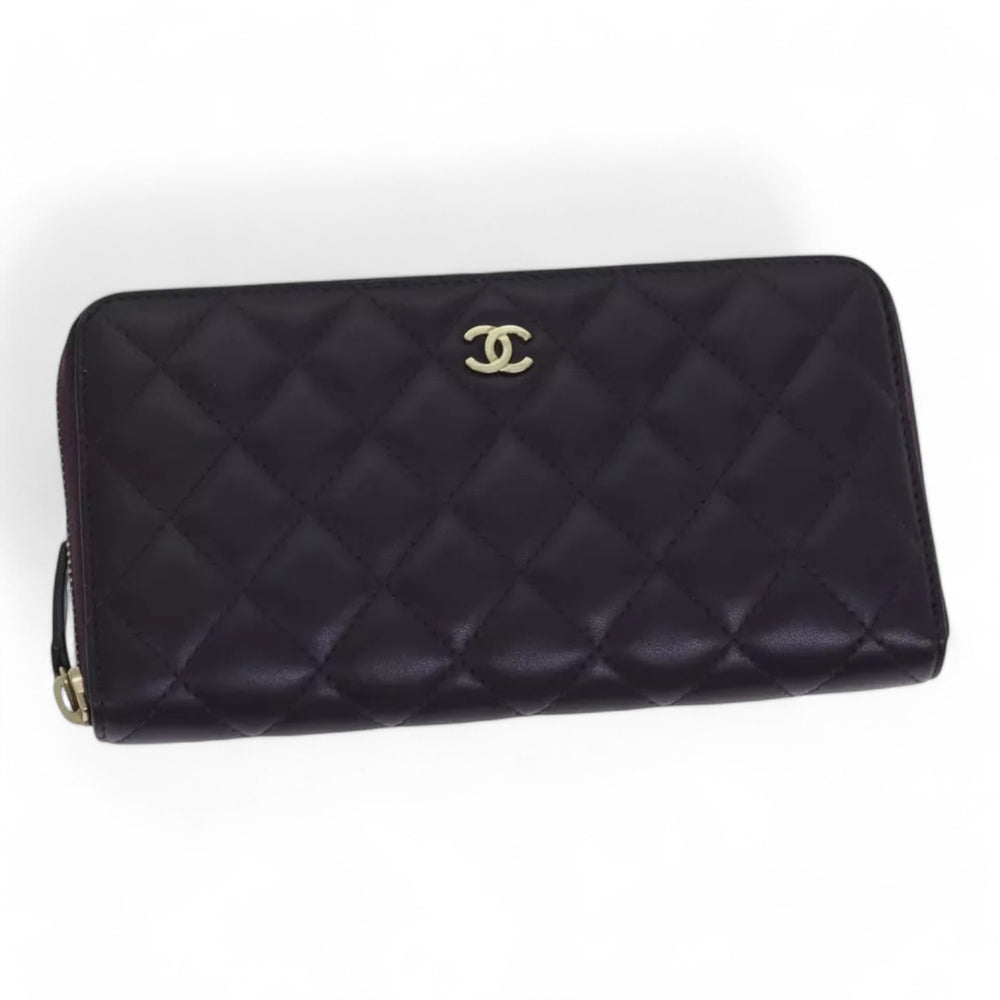 Chanel Matelasse Long Wallet Lamb Skin Purple Gold CC Womens Wallet