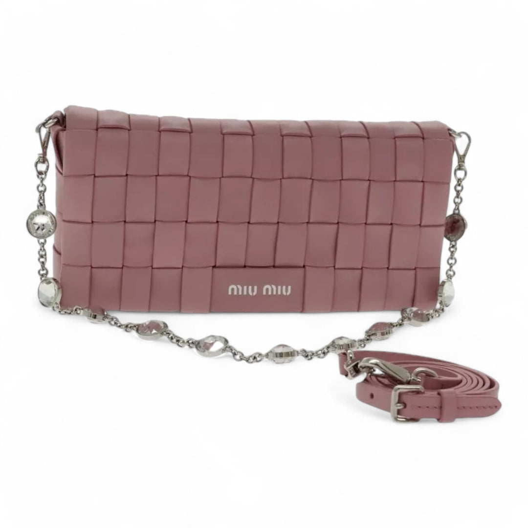 Miu Miu Shoulder Bag Leather Pink Silver Women Handbag Chain