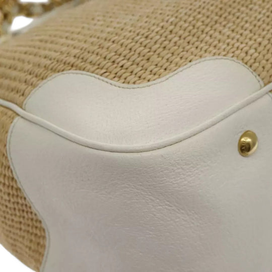 Prada Chain Shoulder Bag Straw Leather Beige Gold Women's