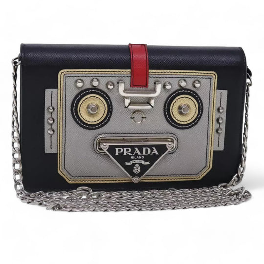 Prada Chain Shoulder Bag Saffiano Leather Black Silver Women