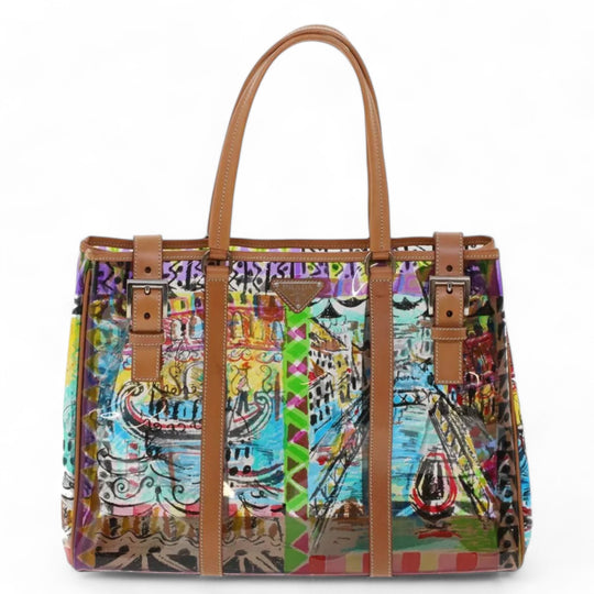 Prada Venice Pattern Tote Bag Vinyl Leather Multicolor Women's Handbag with Pouch