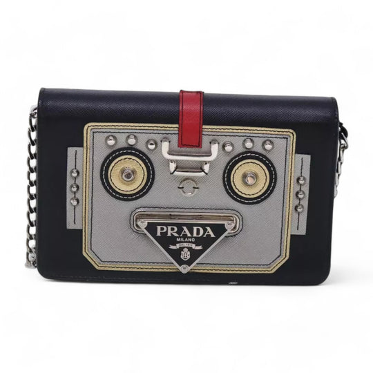 Prada Chain Shoulder Bag Saffiano Leather Black Silver Women