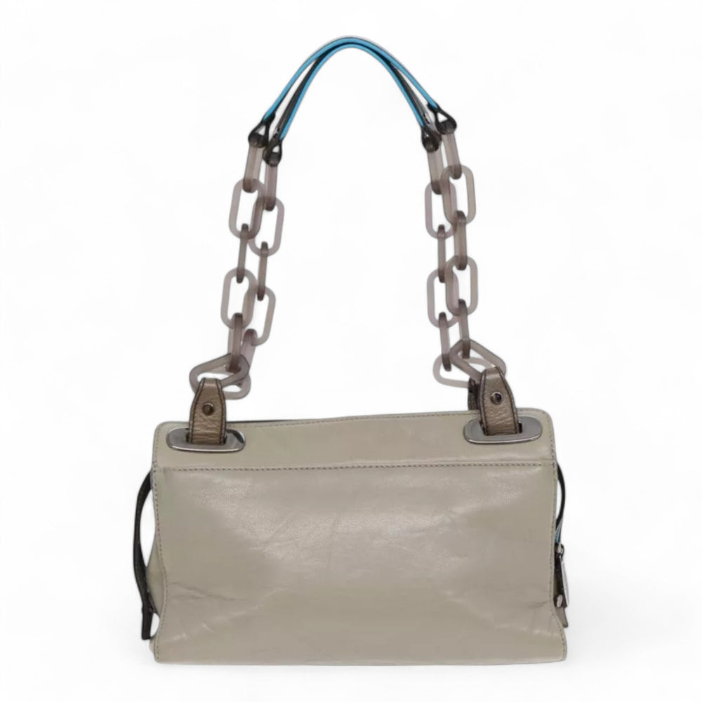 Balenciaga Turn Lock Chain Shoulder Bag Leather Beige Gray Silver