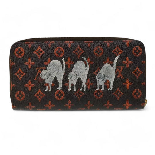 Louis Vuitton Monogram Canvas Zippy Wallet Cat Design Black Long Wallet Unisex