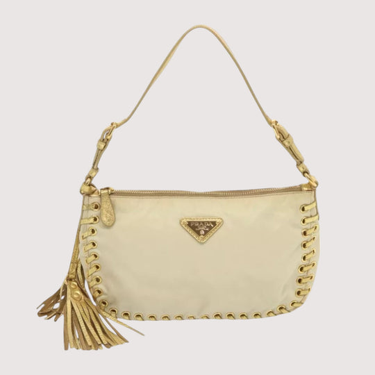 Prada Accessory Pouch Nylon Cream Gold Tassel Shoulder Bag Women Handbag