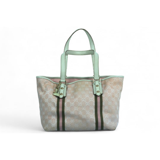 Gucci Tote Bag Pink Green Monogram Canvas Leather Women's Handbag with Charms