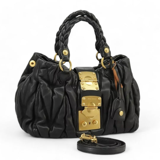 Miu Miu Matelasse Handbag Leather Black Gold 2way